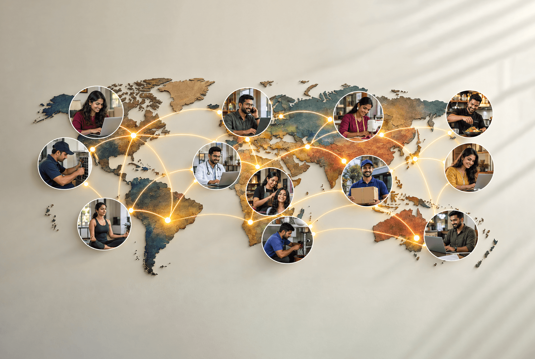 Editorial illustration connecting local service communities in the United States and India